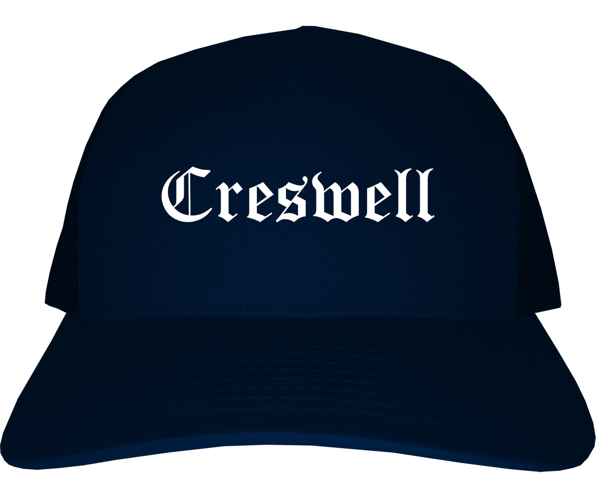 Creswell Oregon OR Old English Mens Trucker Hat Cap Navy Blue