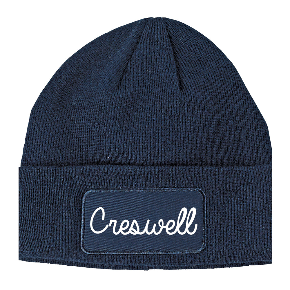 Creswell Oregon OR Script Mens Knit Beanie Hat Cap Navy Blue