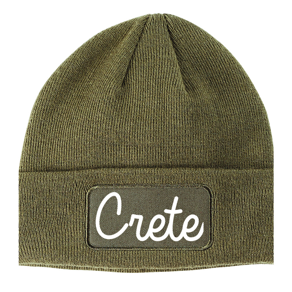 Crete Illinois IL Script Mens Knit Beanie Hat Cap Olive Green