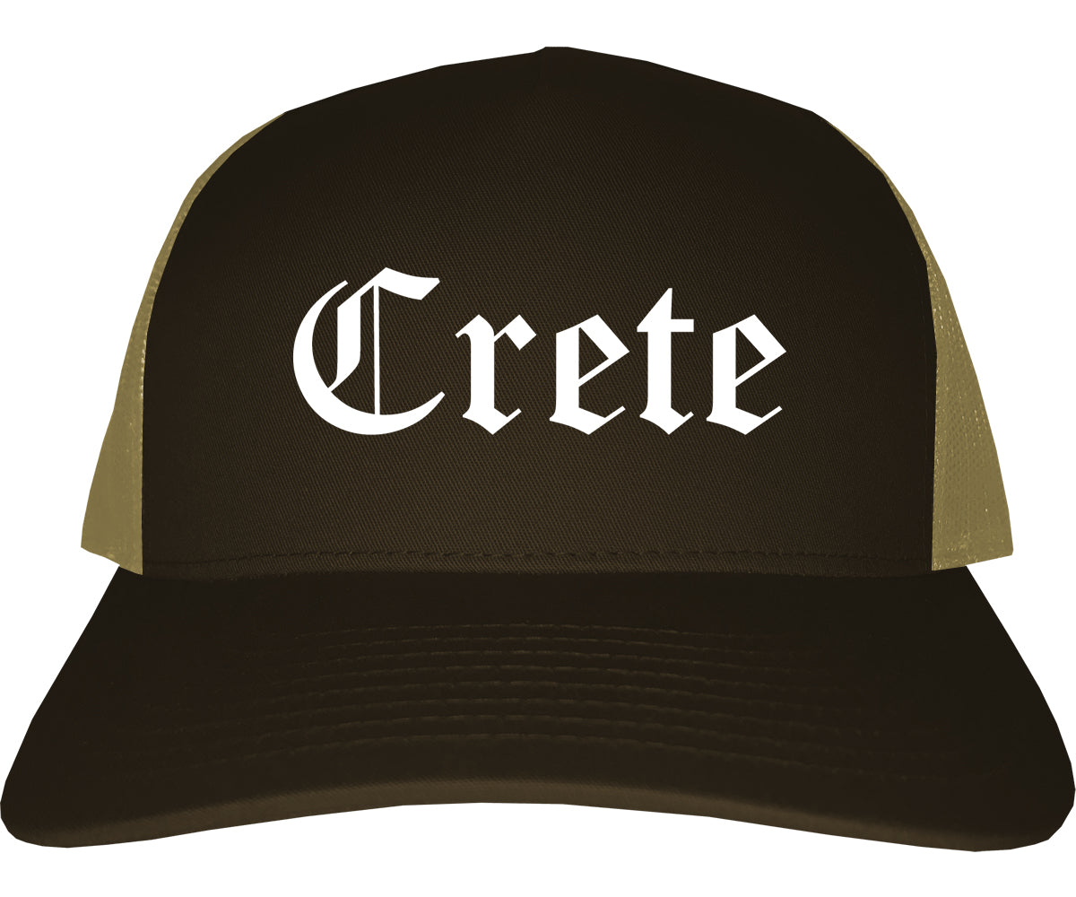 Crete Nebraska NE Old English Mens Trucker Hat Cap Brown