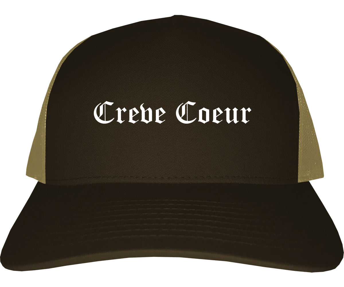Creve Coeur Missouri MO Old English Mens Trucker Hat Cap Brown