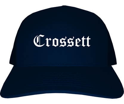 Crossett Arkansas AR Old English Mens Trucker Hat Cap Navy Blue