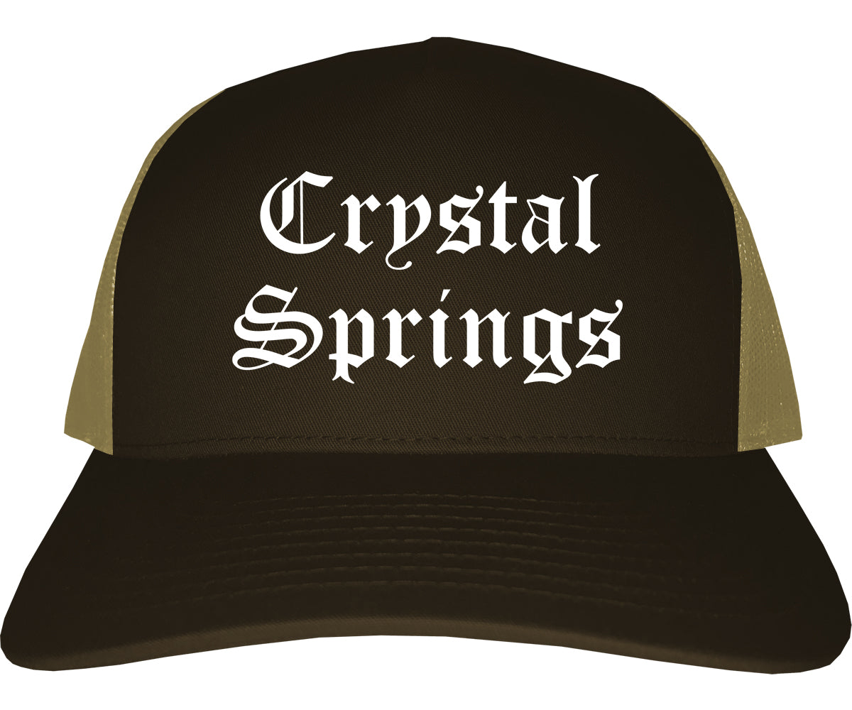 Crystal Springs Mississippi MS Old English Mens Trucker Hat Cap Brown