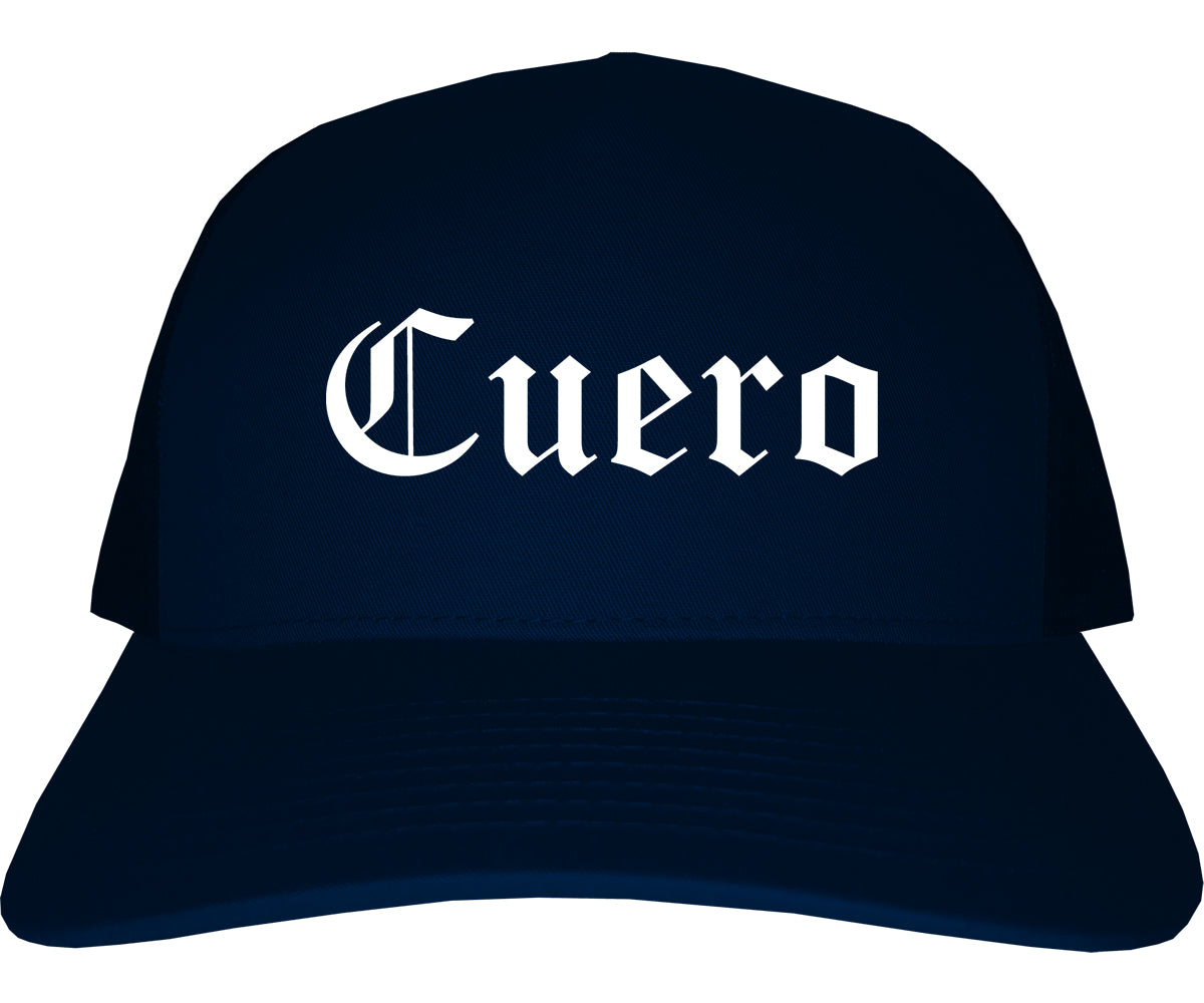 Cuero Texas TX Old English Mens Trucker Hat Cap Navy Blue