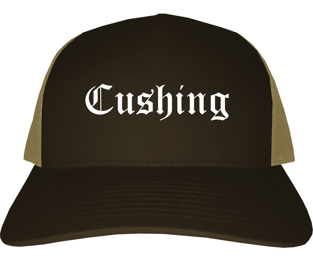 Cushing Oklahoma OK Old English Mens Trucker Hat Cap Brown