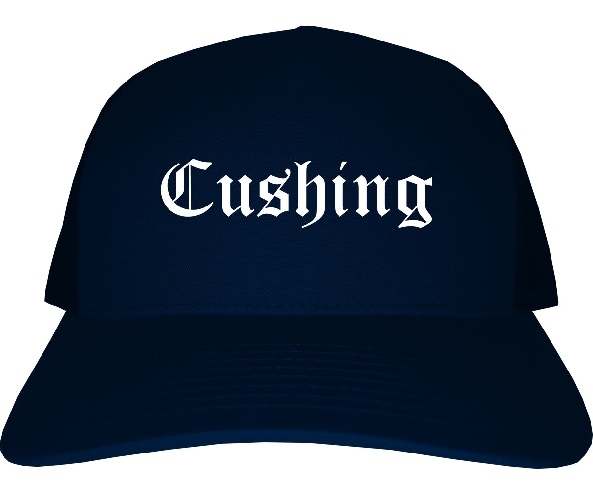 Cushing Oklahoma OK Old English Mens Trucker Hat Cap Navy Blue