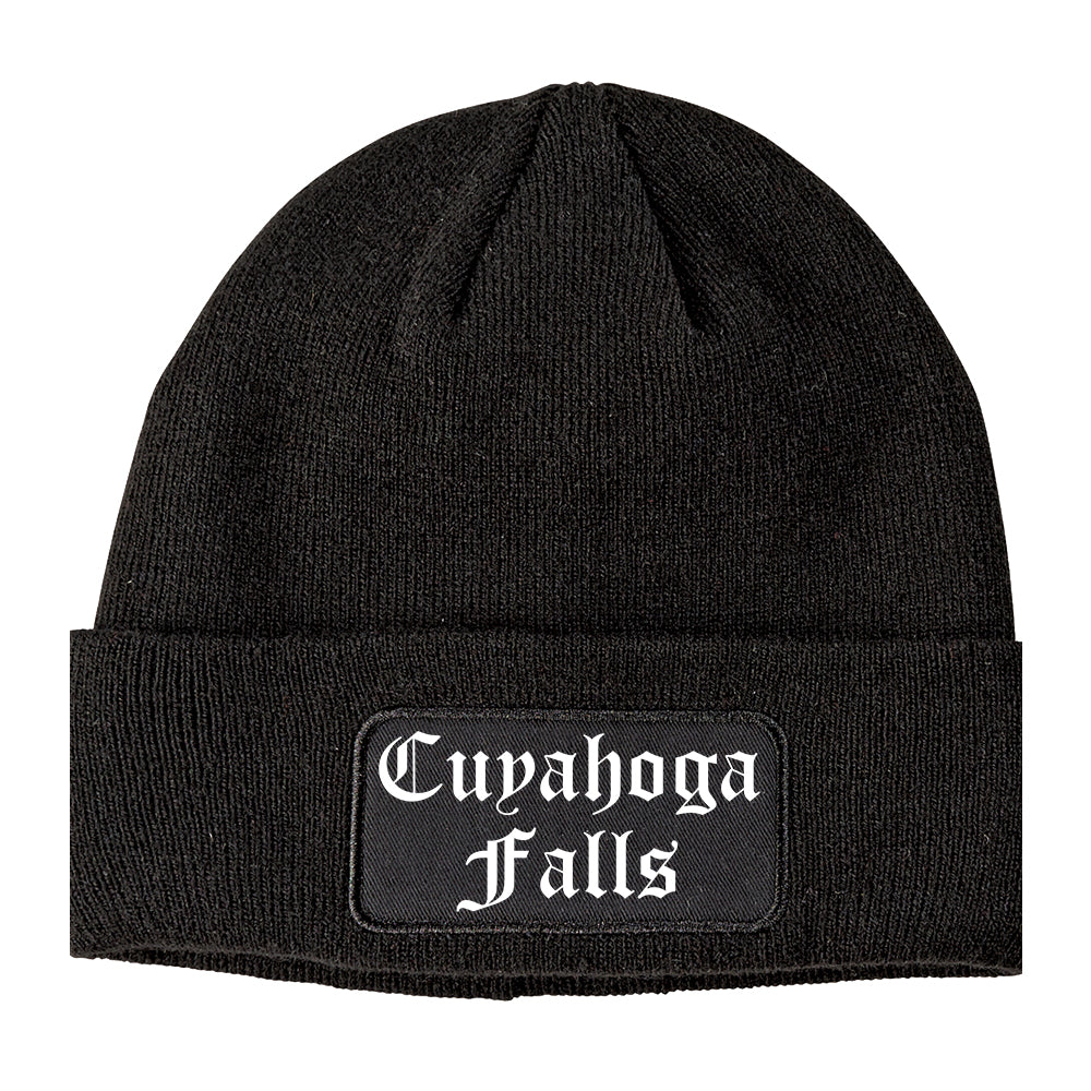 Cuyahoga Falls Ohio OH Old English Mens Knit Beanie Hat Cap Black