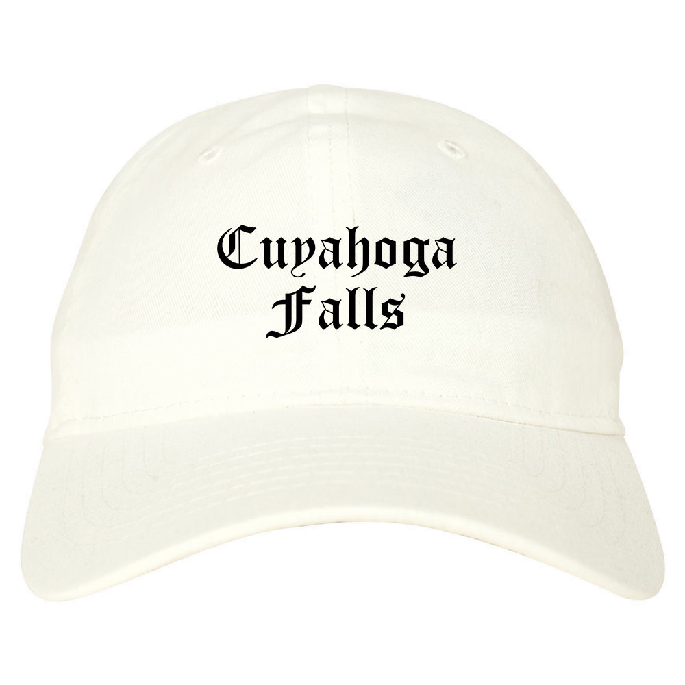 Cuyahoga Falls Ohio OH Old English Mens Dad Hat Baseball Cap White