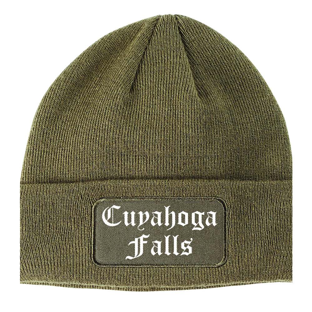 Cuyahoga Falls Ohio OH Old English Mens Knit Beanie Hat Cap Olive Green