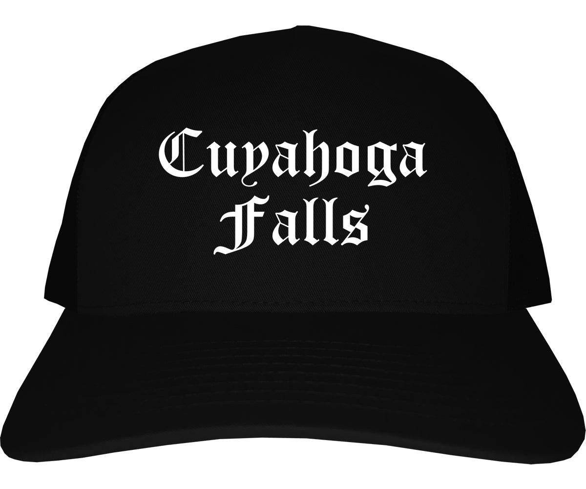 Cuyahoga Falls Ohio OH Old English Mens Trucker Hat Cap Black