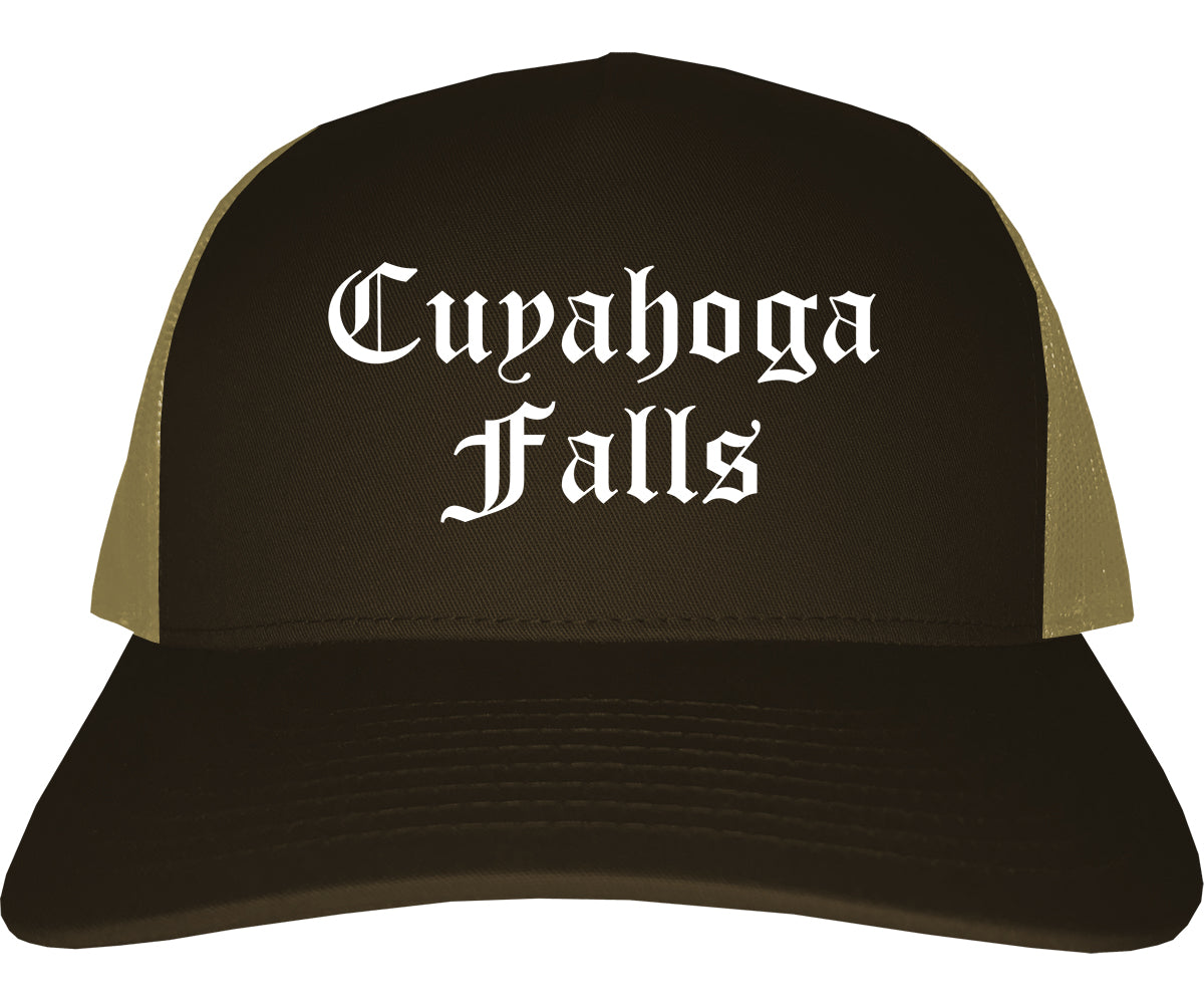 Cuyahoga Falls Ohio OH Old English Mens Trucker Hat Cap Brown
