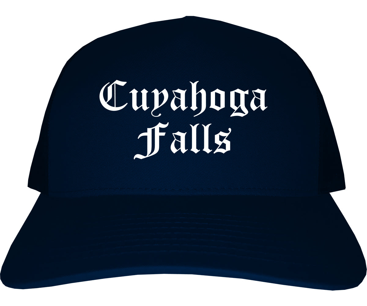 Cuyahoga Falls Ohio OH Old English Mens Trucker Hat Cap Navy Blue