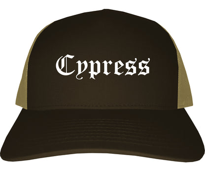 Cypress California CA Old English Mens Trucker Hat Cap Brown