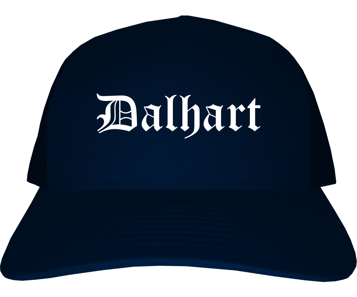 Dalhart Texas TX Old English Mens Trucker Hat Cap Navy Blue