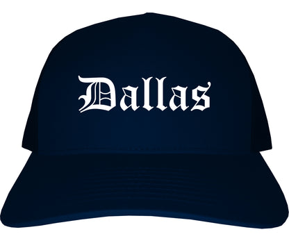 Dallas Oregon OR Old English Mens Trucker Hat Cap Navy Blue