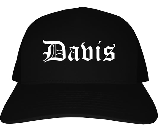 Davis California CA Old English Mens Trucker Hat Cap Black