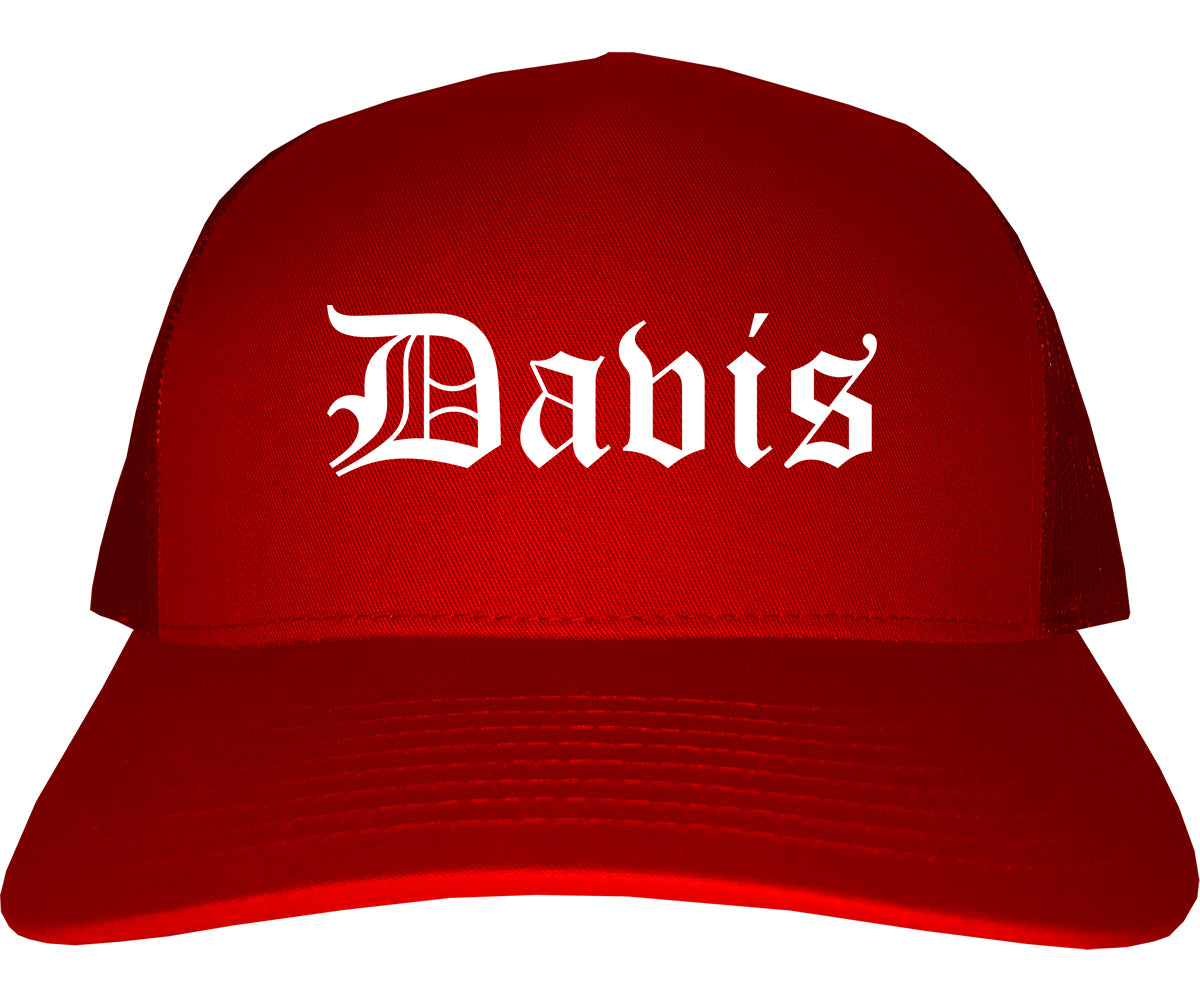 Davis California CA Old English Mens Trucker Hat Cap Red