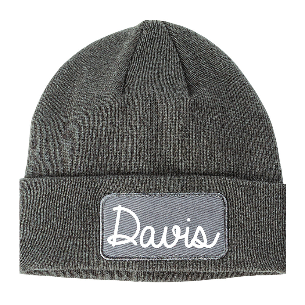 Davis California CA Script Mens Knit Beanie Hat Cap Grey