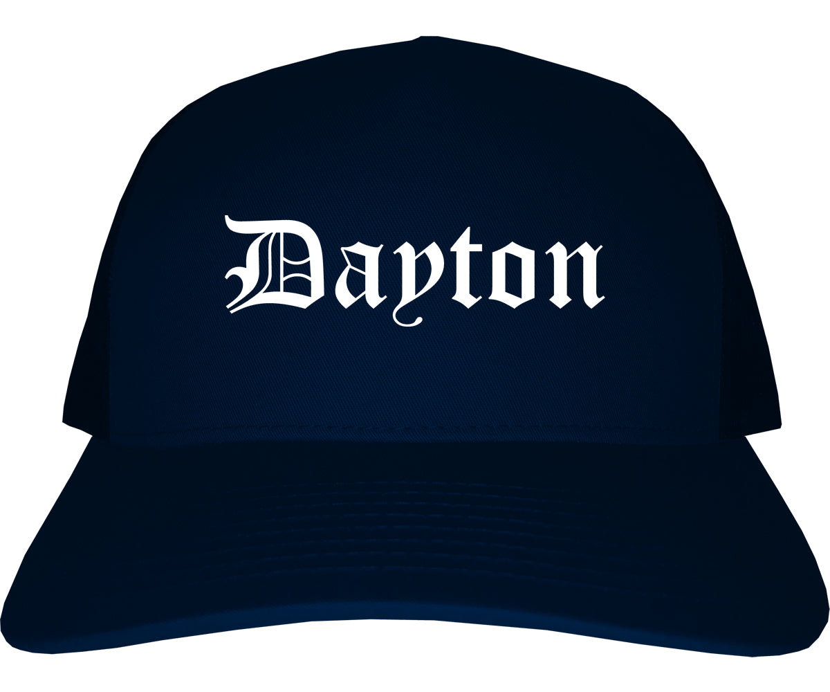 Dayton Texas TX Old English Mens Trucker Hat Cap Navy Blue