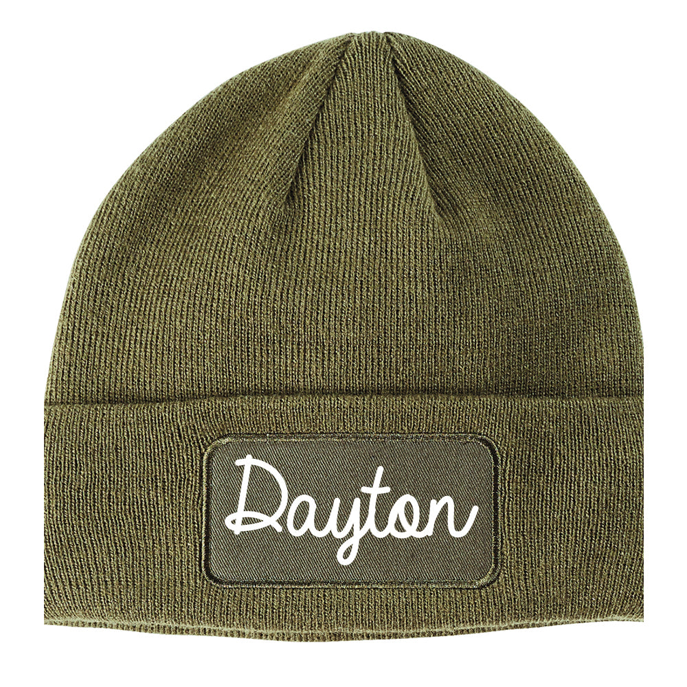 Dayton Texas TX Script Mens Knit Beanie Hat Cap Olive Green