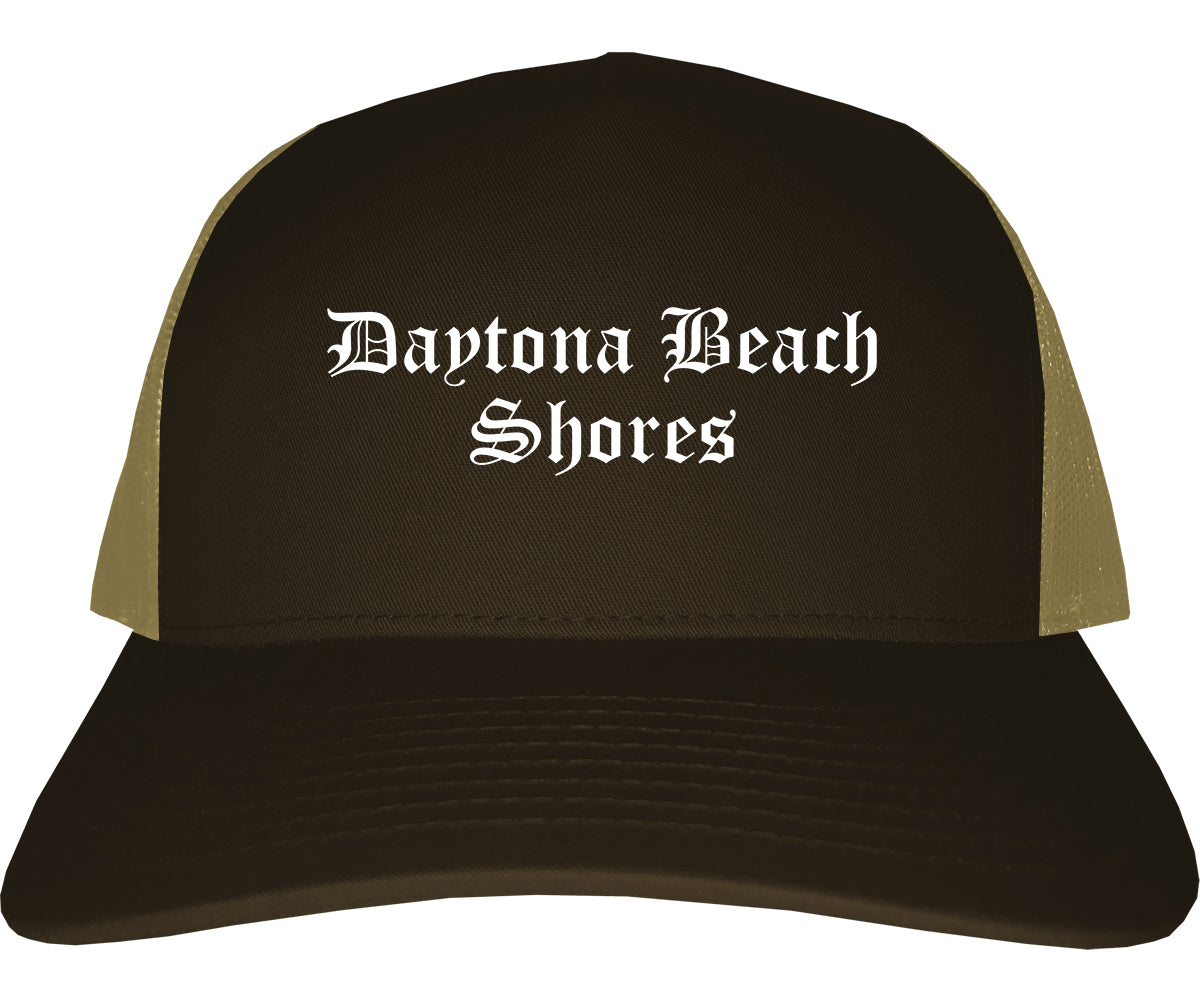 Daytona Beach Shores Florida FL Old English Mens Trucker Hat Cap Brown