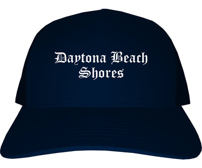 Daytona Beach Shores Florida FL Old English Mens Trucker Hat Cap Navy Blue