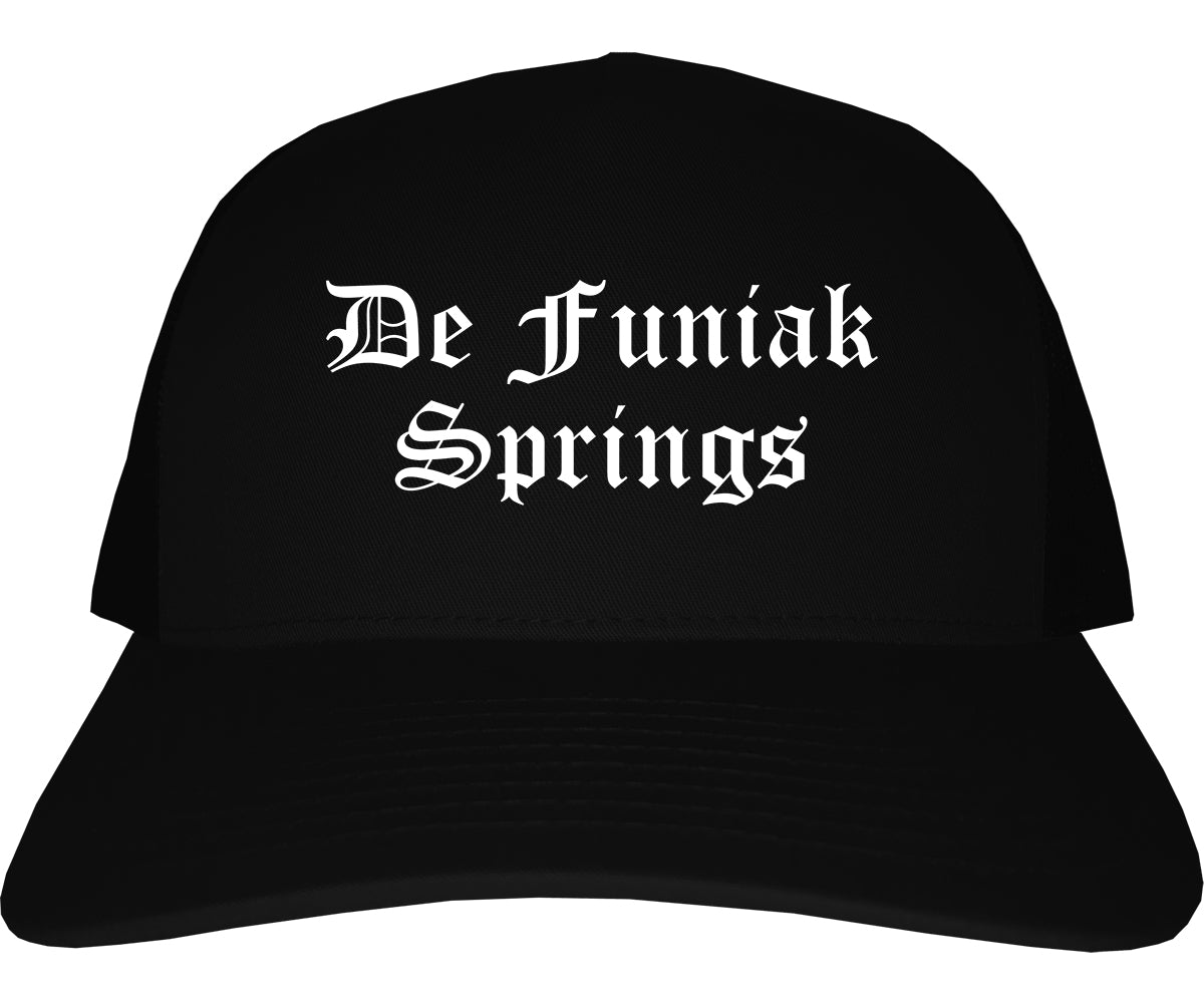 De Funiak Springs Florida FL Old English Mens Trucker Hat Cap Black