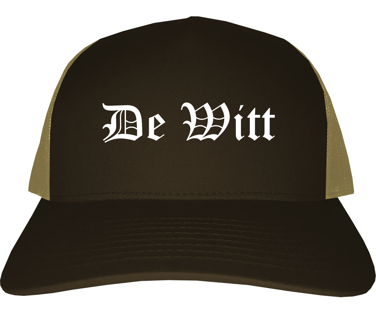 De Witt Iowa IA Old English Mens Trucker Hat Cap Brown