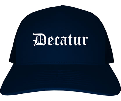 Decatur Illinois IL Old English Mens Trucker Hat Cap Navy Blue