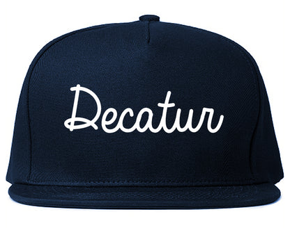 Decatur Indiana IN Script Mens Snapback Hat Navy Blue