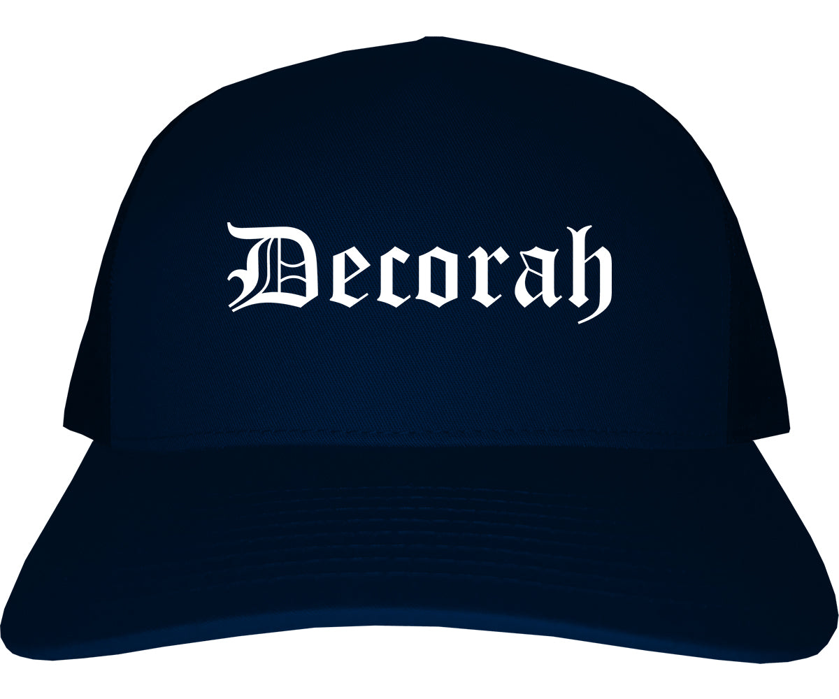 Decorah Iowa IA Old English Mens Trucker Hat Cap Navy Blue