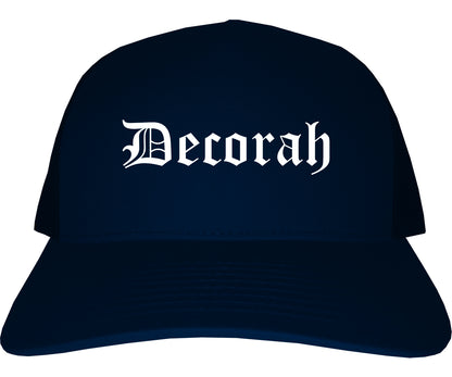 Decorah Iowa IA Old English Mens Trucker Hat Cap Navy Blue