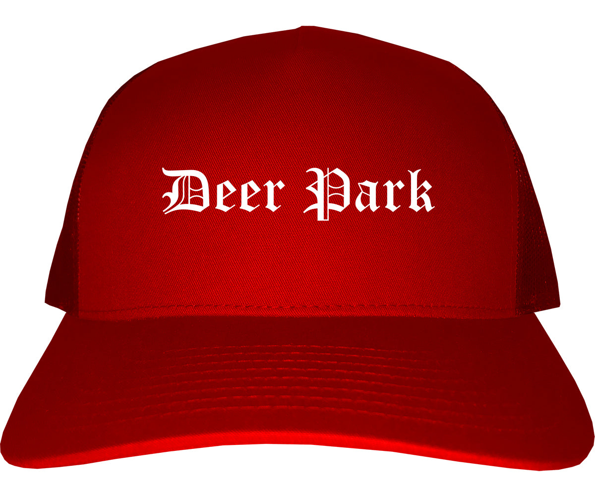 Deer Park Ohio OH Old English Mens Trucker Hat Cap Red