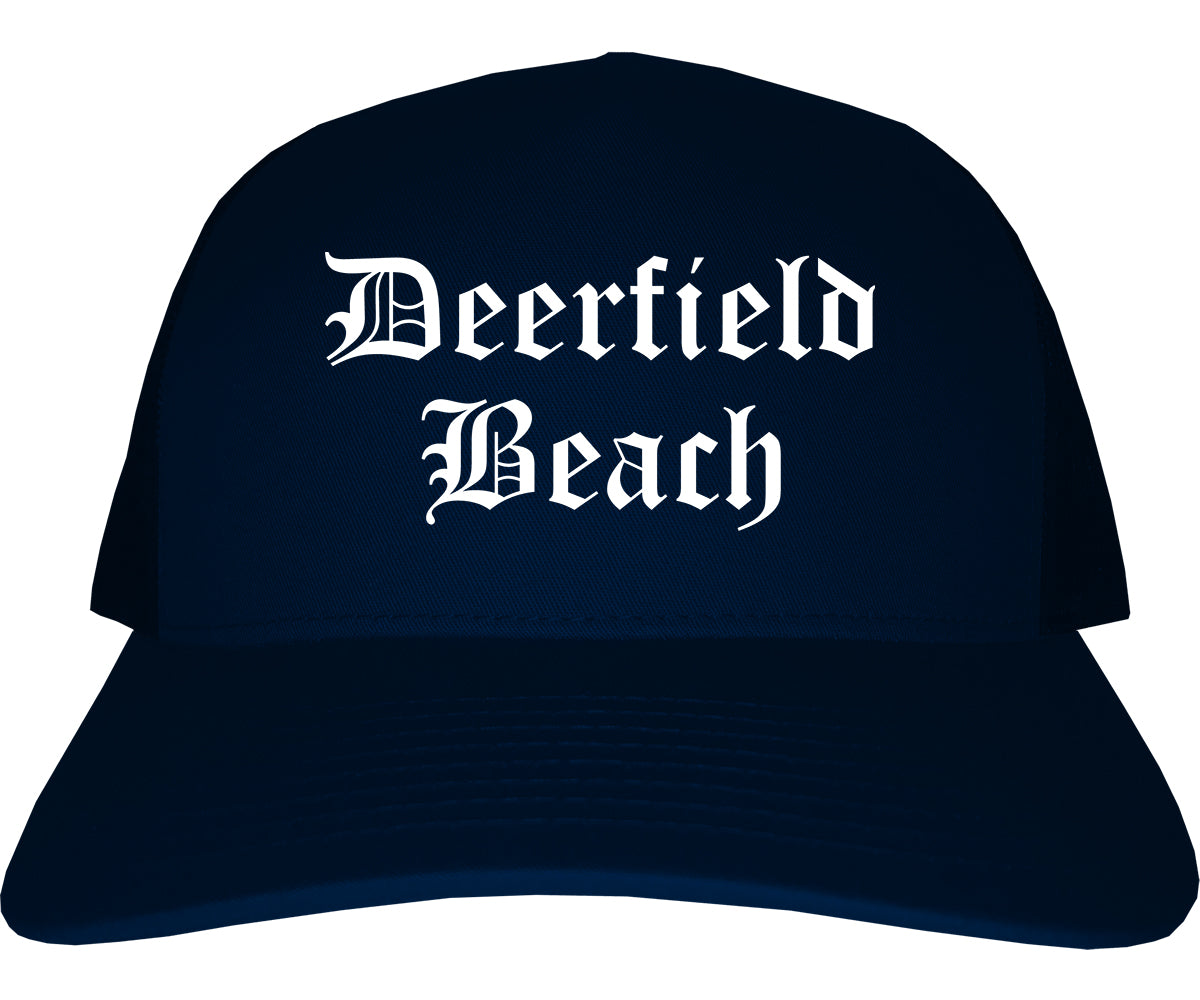 Deerfield Beach Florida FL Old English Mens Trucker Hat Cap Navy Blue