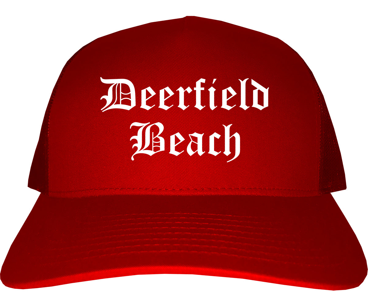 Deerfield Beach Florida FL Old English Mens Trucker Hat Cap Red