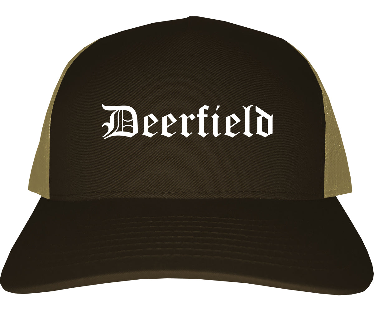 Deerfield Illinois IL Old English Mens Trucker Hat Cap Brown