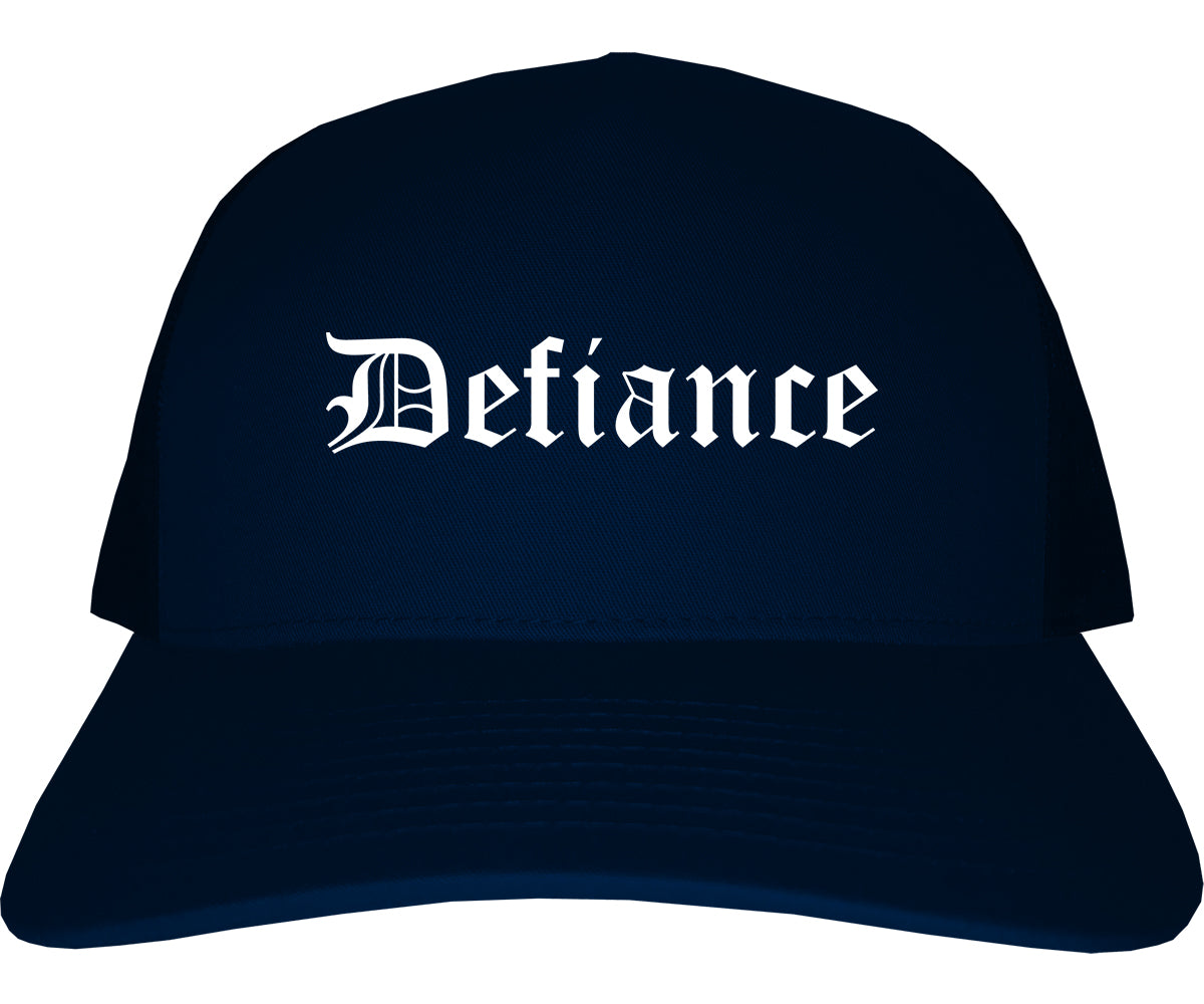Defiance Ohio OH Old English Mens Trucker Hat Cap Navy Blue