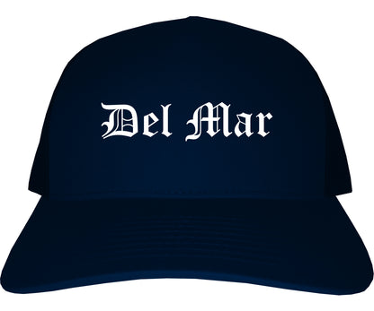 Del Mar California CA Old English Mens Trucker Hat Cap Navy Blue