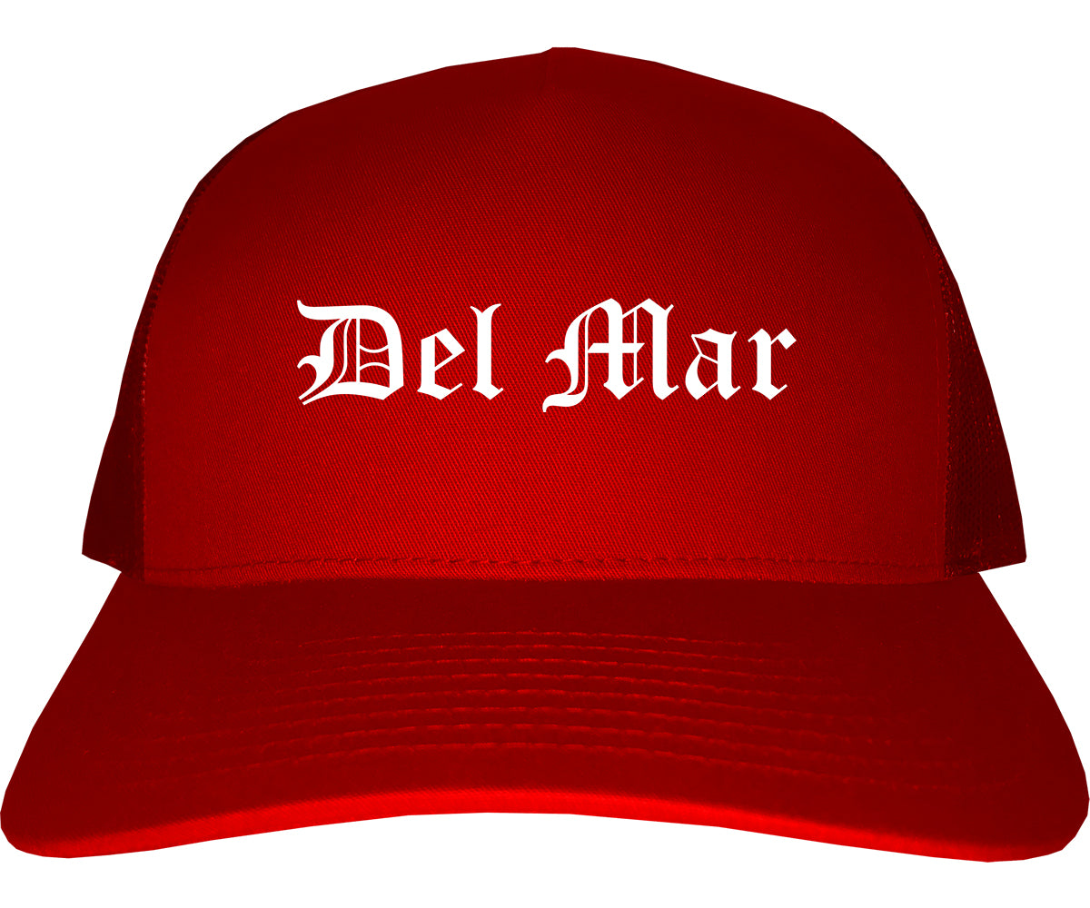 Del Mar California CA Old English Mens Trucker Hat Cap Red