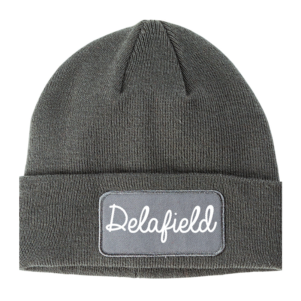 Delafield Wisconsin WI Script Mens Knit Beanie Hat Cap Grey