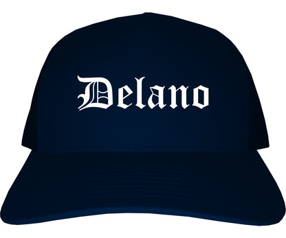 Delano California CA Old English Mens Trucker Hat Cap Navy Blue