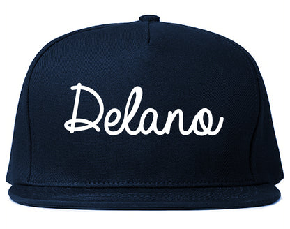 Delano Minnesota MN Script Mens Snapback Hat Navy Blue