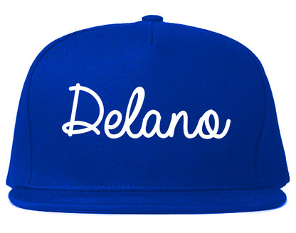 Delano Minnesota MN Script Mens Snapback Hat Royal Blue