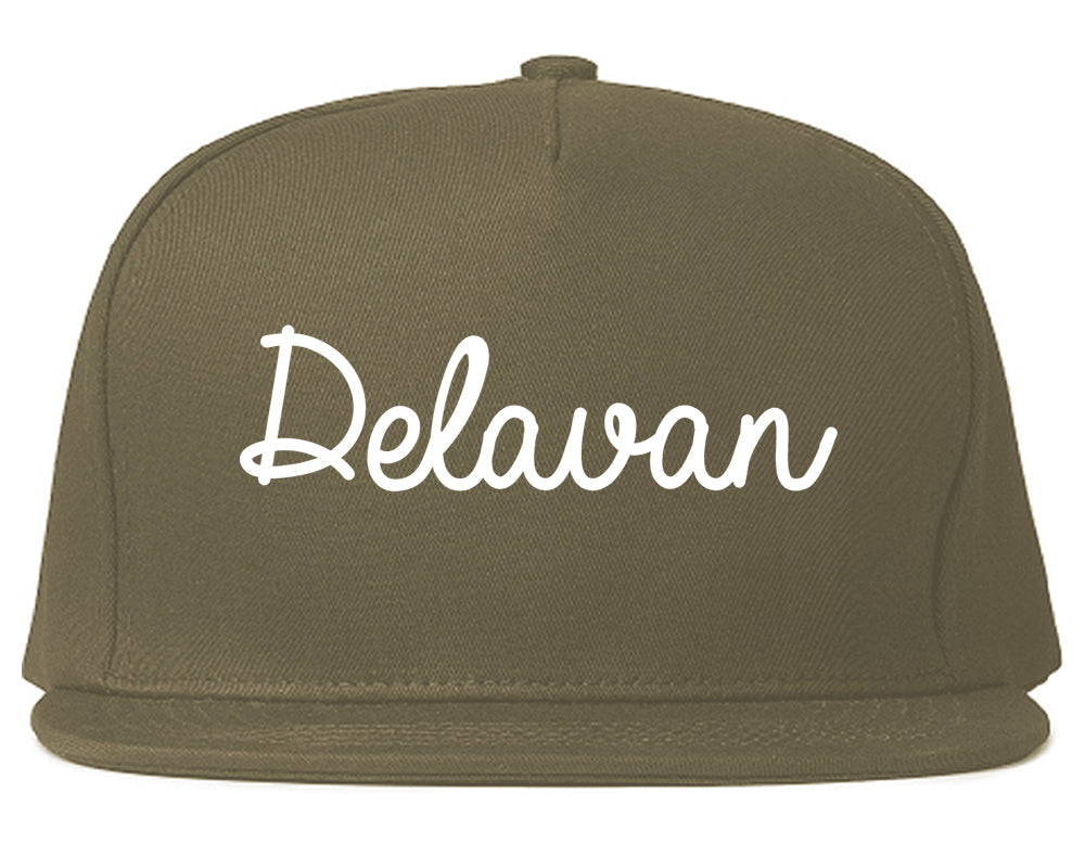 Delavan Wisconsin WI Script Mens Snapback Hat Grey