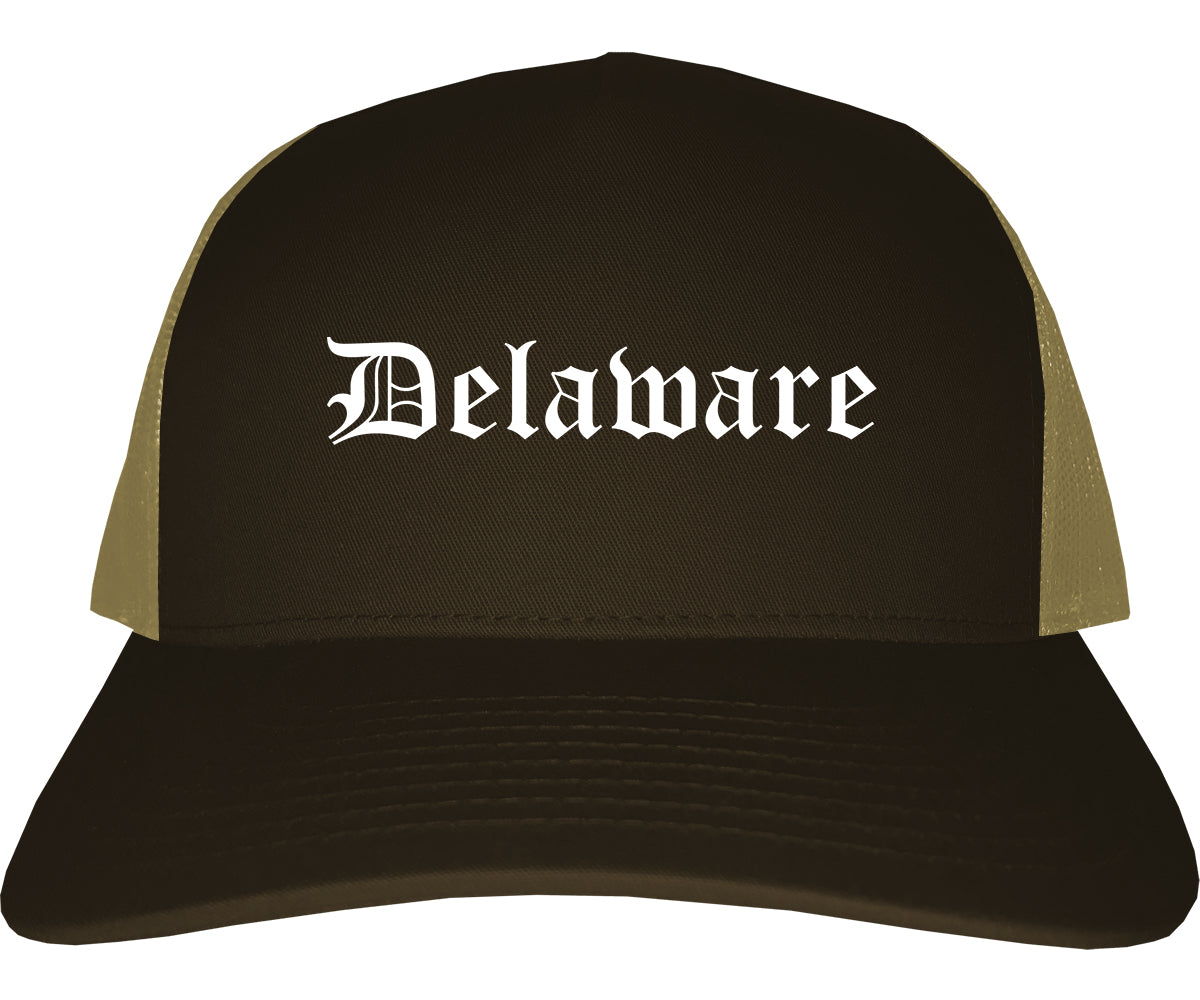 Delaware Ohio OH Old English Mens Trucker Hat Cap Brown
