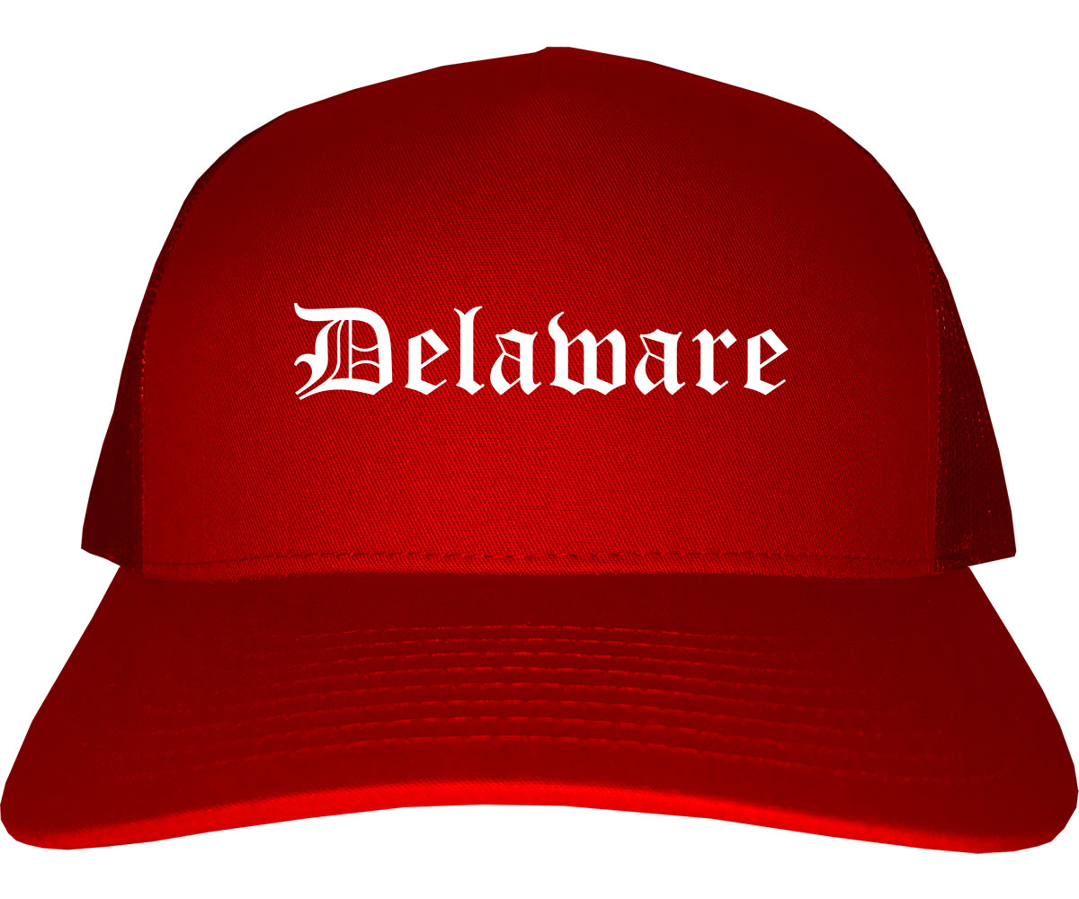 Delaware Ohio OH Old English Mens Trucker Hat Cap Red