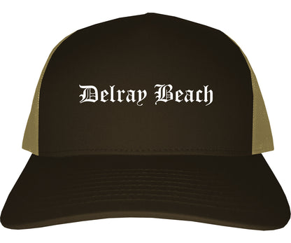 Delray Beach Florida FL Old English Mens Trucker Hat Cap Brown