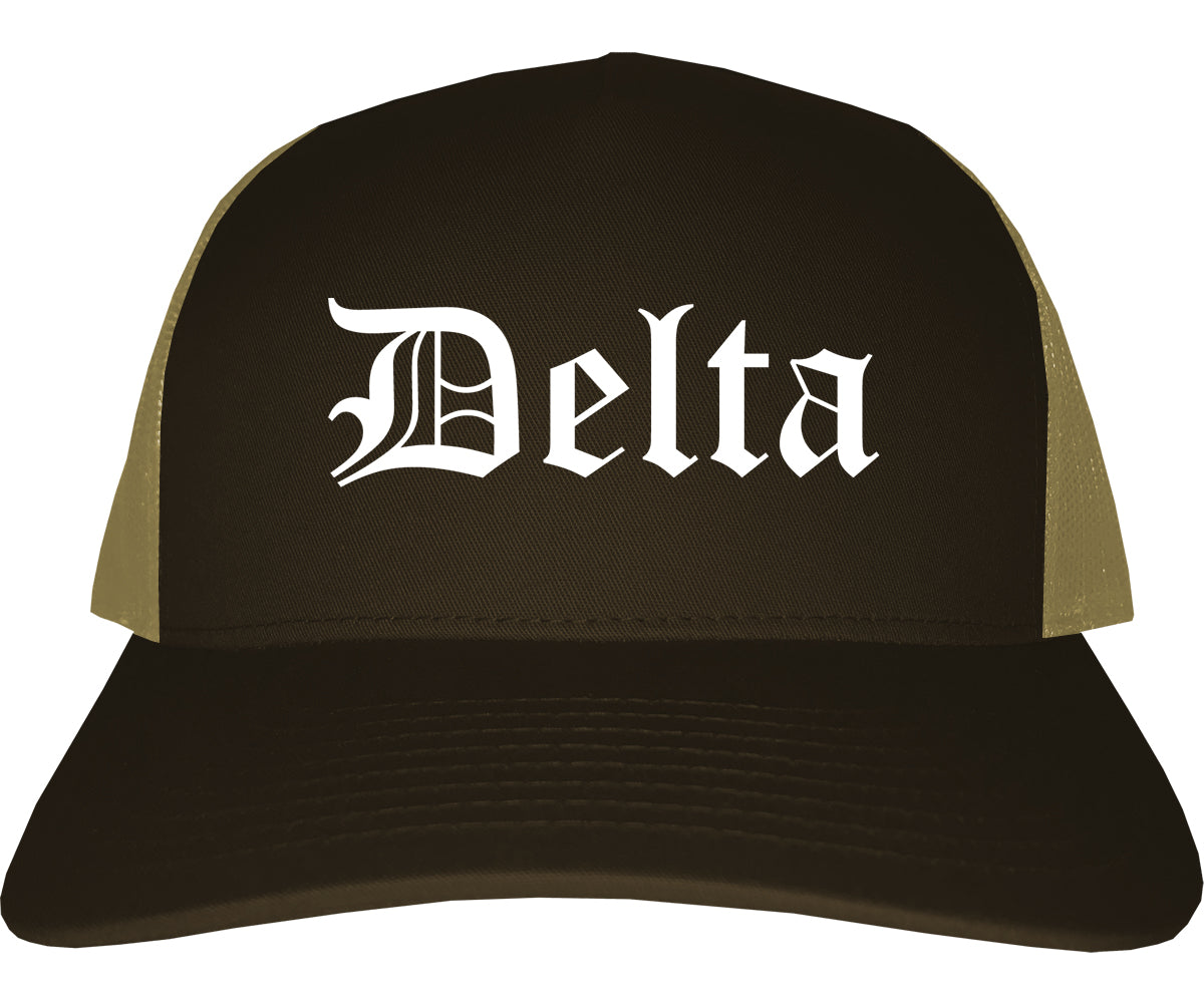 Delta Colorado CO Old English Mens Trucker Hat Cap Brown