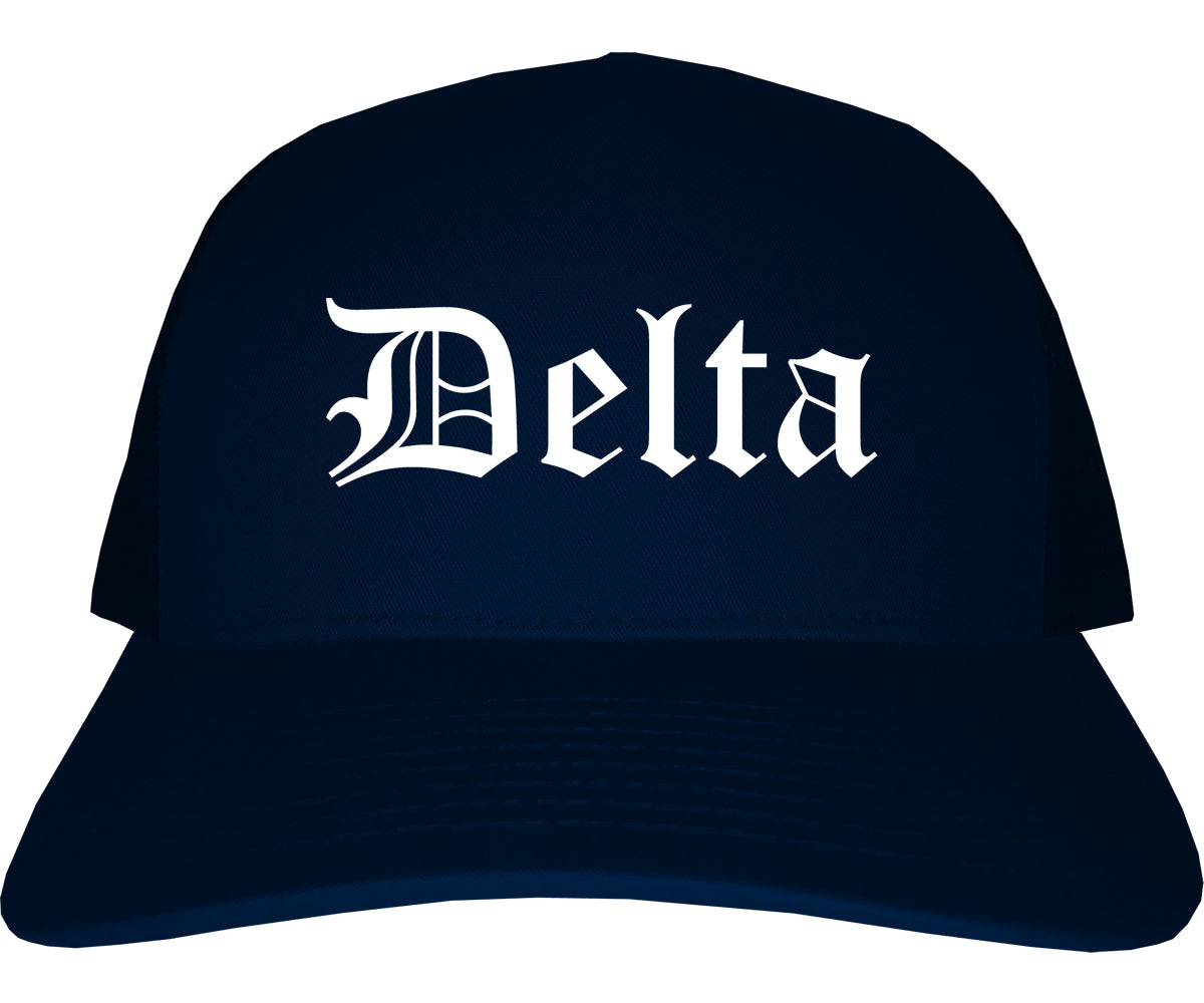 Delta Colorado CO Old English Mens Trucker Hat Cap Navy Blue