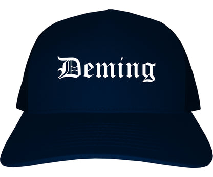 Deming New Mexico NM Old English Mens Trucker Hat Cap Navy Blue
